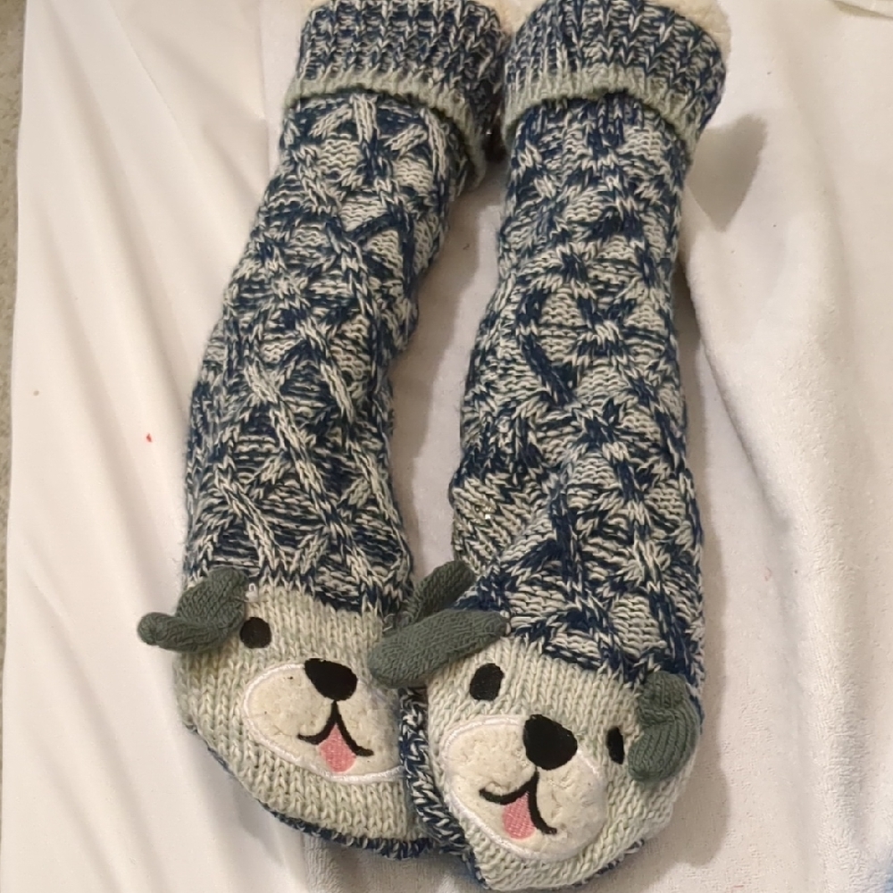 Blue and White Knit Dog Slipper Socks